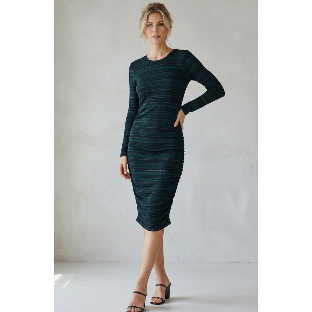 Veronica Beard Jeans Green Metallic Striped Ruched Long Slv‎ Dress Fits S $295